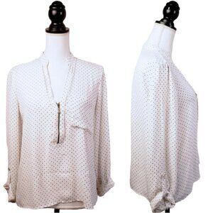 ZARA BASIC Top, Black White Polka Dot Zip Front V-Neck Long Sleeve Career, M